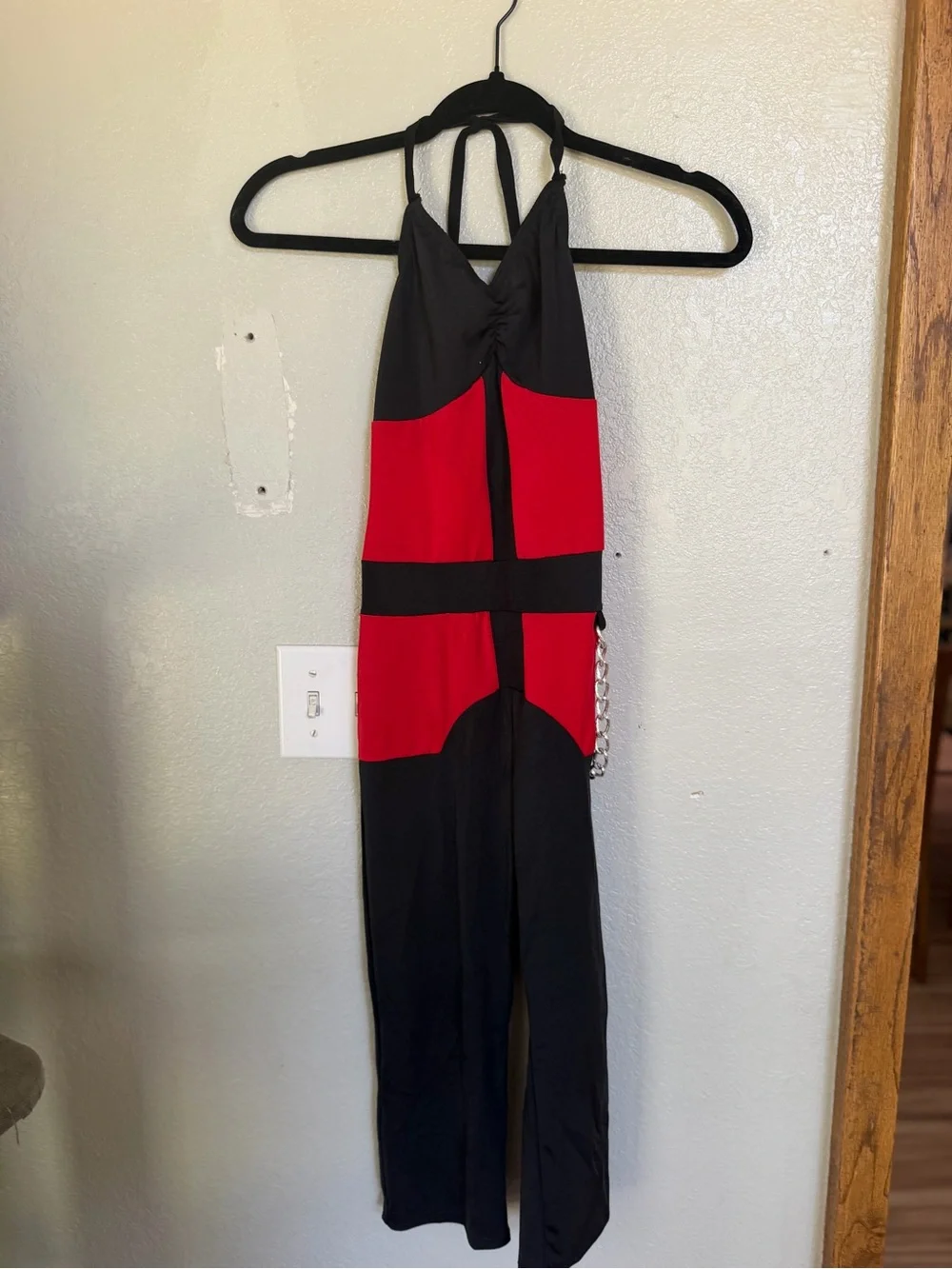 Halter One-Piece Jumpsuit in Black and Red with Chain